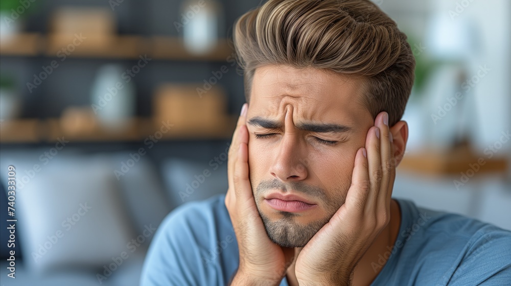 Young Man Experiencing Severe Headache at Home Young Man Experiencing Severe Headache at Home