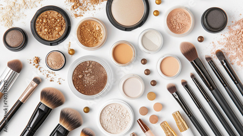 A meticulously organized display of makeup brushes, powders, and compacts in a visually appealing flat lay.