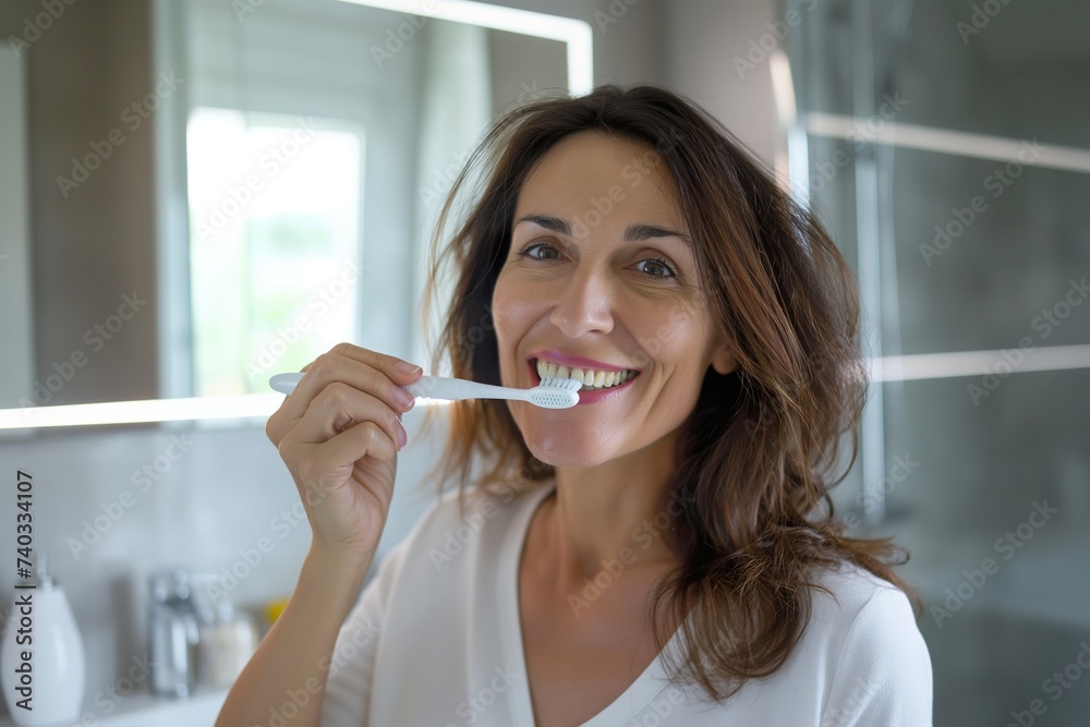 Middle-aged woman happily brushes her teeth with a toothbrush in the bathroom.