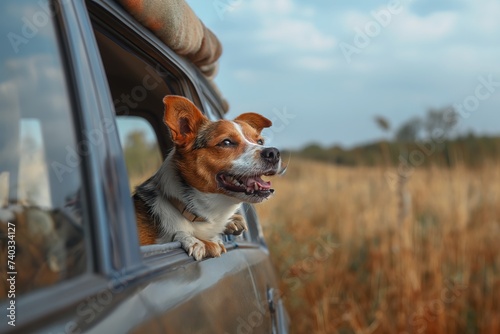 A joyful dog poking its head out of a car window, reveling in the breeze and sights.