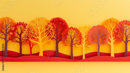 A vibrant Earth Day banner featuring paper-cut trees in red to yellow hues, symbolizing midday warmth. © Sania