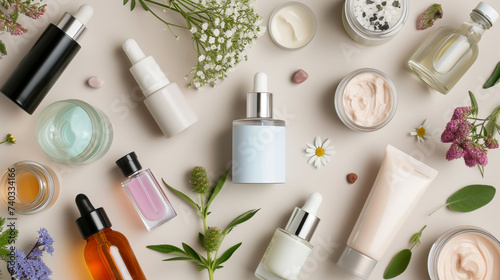 A well-curated flat lay showcasing an array of skincare serums, creams, and facial masks.