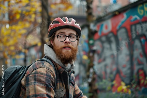 A hipster millennial man with a beard wearing a bicycle helmet on a city street.