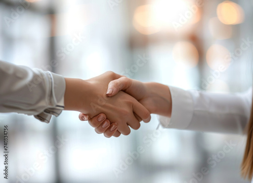 Professional handshake between colleagues in bright office.