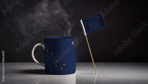 Tea or coffee in mug with Alaska flag. Gray stone background. photo