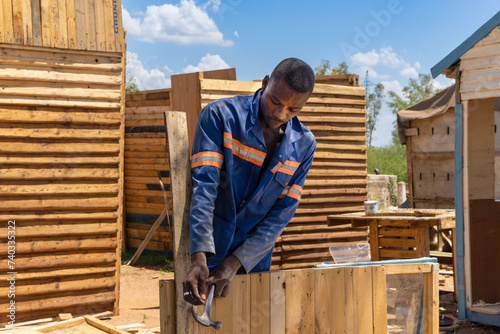 african american carpenter worker at his workplace , he is doing wendy houses , dog houses, on the side of the road, street vendor with a small business