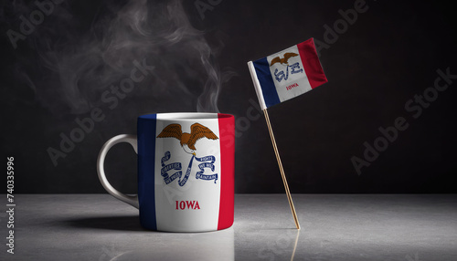 Tea or coffee in mug with Iowa flag. Gray stone background.