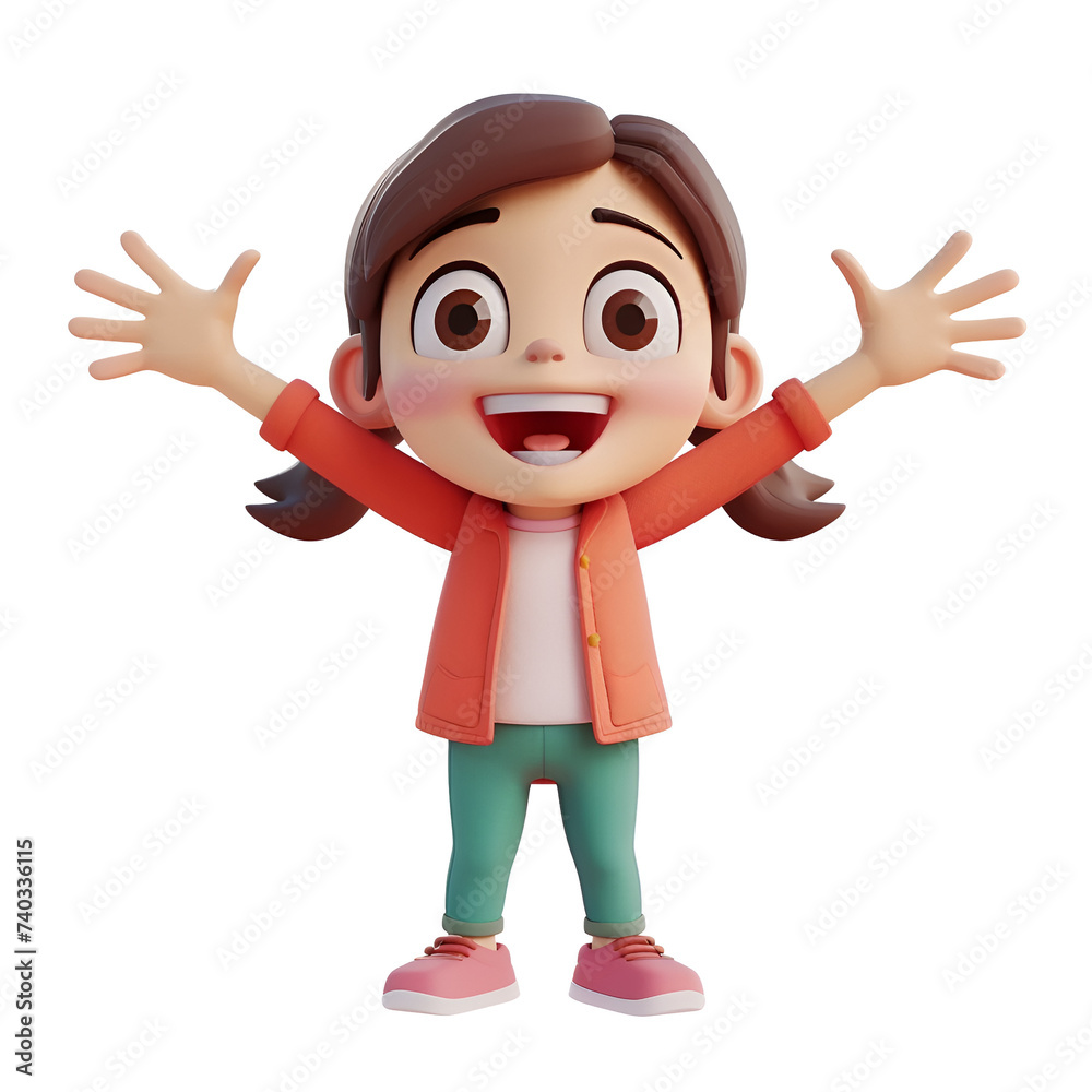 Obraz premium Kid’s 3D Cartoon: Happy Girl Celebrating with Open Arms in a Simple Rendered Illustration, Isolated on Transparent Background, PNG