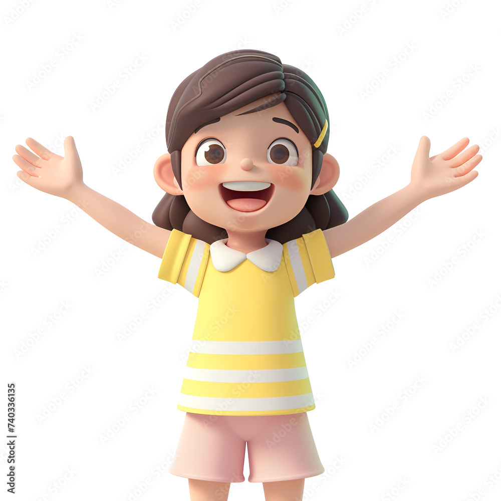 Simple 3D Cartoon Character: Kid Celebrating with Open Arms, Happy Girl Illustration, Isolated on Transparent Background, PNG
