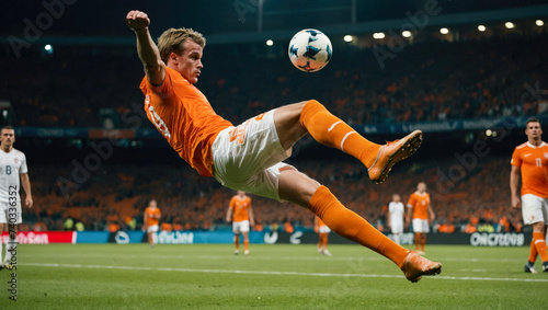 professional soccer player in action on the green field in a stadium kicking the ball