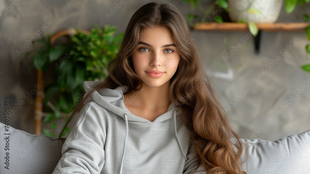 Obraz premium Young Woman Relaxing on Sofa in Casual Attire
