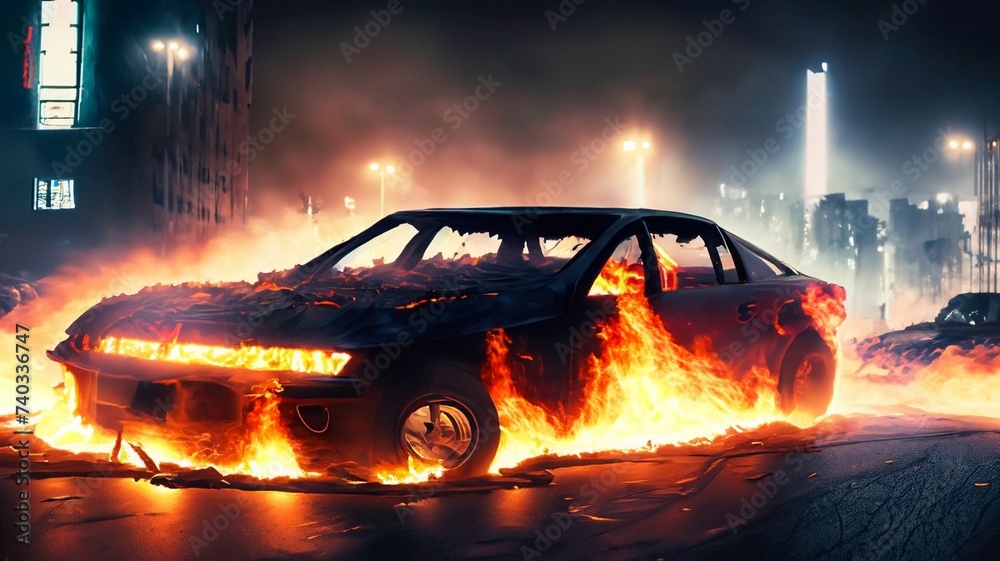 accident car crime, car in fire. Disorders, protests in the Europa. Burning car on a city street, smoke and flames all around. Dispersal of demonstrations, patrolling during riots. Clashes on Europe