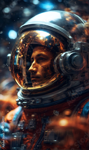 A cosmonaut in space in a suit  close-up portrait