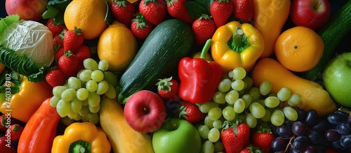 A vibrant display of a variety of artificial fruits and vegetables  showcasing different types and colors in one image.