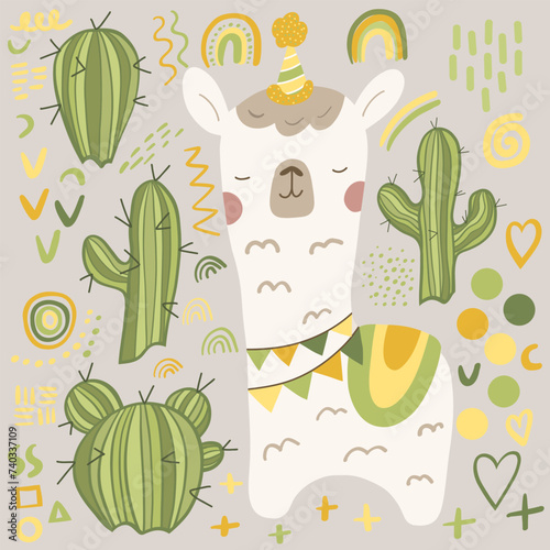 Lama, alpaca, cactus design elements 