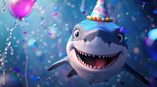 Happy Cartoon Shark in Party Hat: Adorable Underwater Celebration with Colorful Lighting and Wide Angle Lens