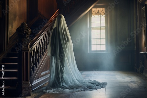 Fantôme d'une femme à la lueur d'une fenêtre d'un vieux manoir » IA générative