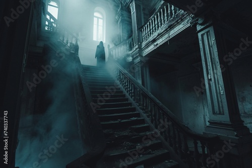 Fantôme descendent l'escalier d'une vieille maison hantée » IA générative photo