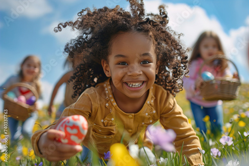 Close up of a group of children outside on an Easter egg hunt photo
