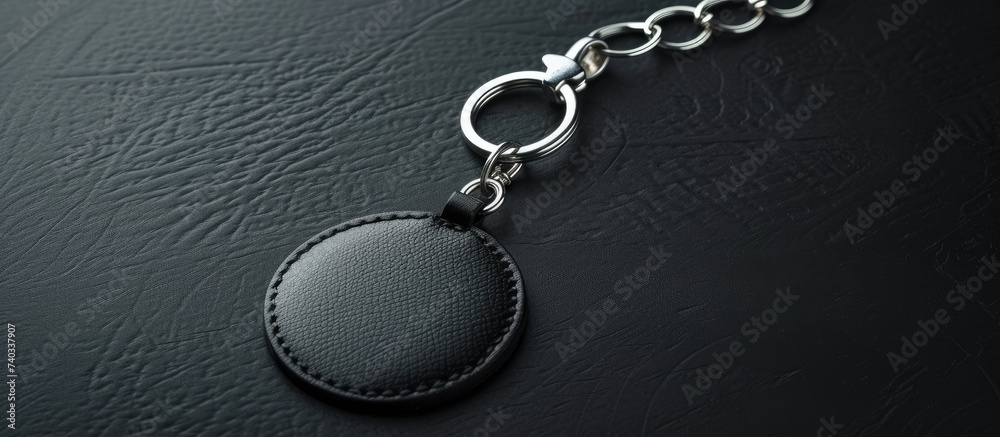 A black leather keychain featuring a metal ring, isolated on a black background with a clip lock. A black leather keychain featuring a metal ring, isolated on a black background with a clip lock.