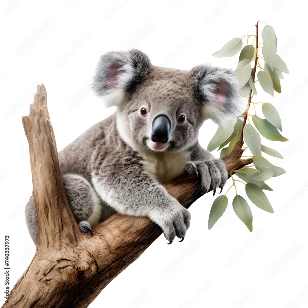 Fototapeta premium A cute koala bear on tree branch, isolated on transparent background