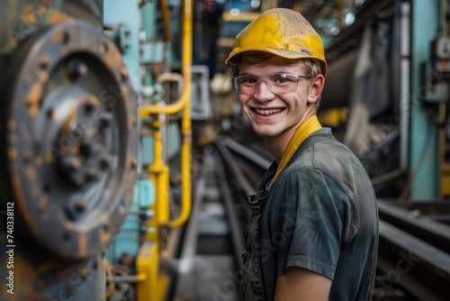 Industriearbeiter in Industrie Szenerie, Lächeln Fachkraft Engineering Industrielle Umgebung Wartung Teamgeist Professionalität Effizienz Arbeitssicherheit Facharbeit photo