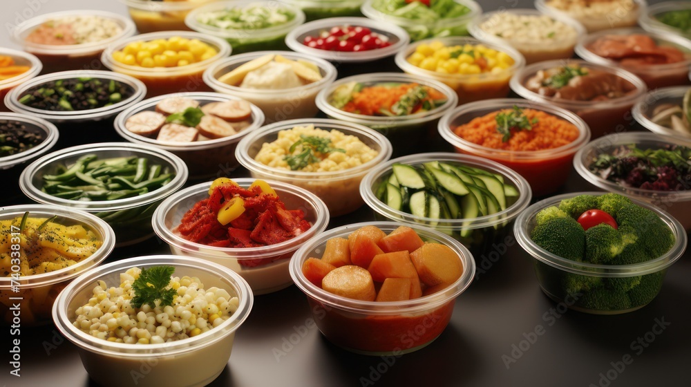 A fresh vegetarian menu with a variety of fresh vegetables, which are in plastic bowls neatly arranged on a stainless steel tray on the table. A fresh vegetarian menu with a variety of fresh vegetables, which are in plastic bowls neatly arranged on a stainless steel tray on the table.