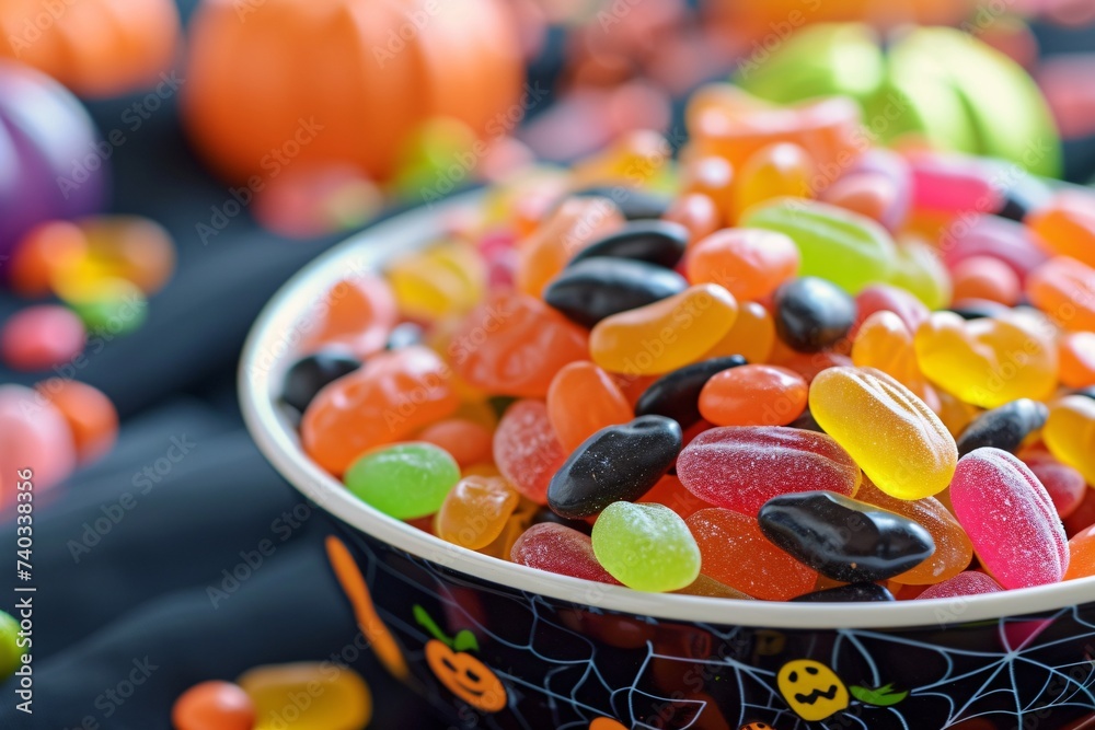 Des bonbons de toutes les couleurs dans un bol d'Halloween » IA générative