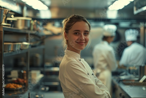 Fototapeta Naklejka Na Ścianę i Meble -  Köchin in Küchen Szenerie, Professionelle Küche Lächeln Gastronomie Kochen Culinary Expertin Teamgeist Professionalität Gastgewerbe Leidenschaft Gourmet Küchenchefin Kulinarisch Erfahrung