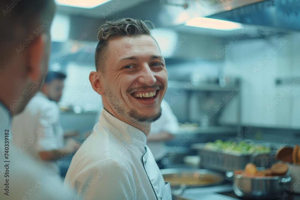Fototapeta premium Profikoch in Küchen szenerie, Küche Restaurant Lächeln Gastronomie Kochkunst Chefkoch Culinary Expert Küchenbrigade Teamwork Professionalität Gastgewerbe Leidenschaft Gourmet Kulinarisch