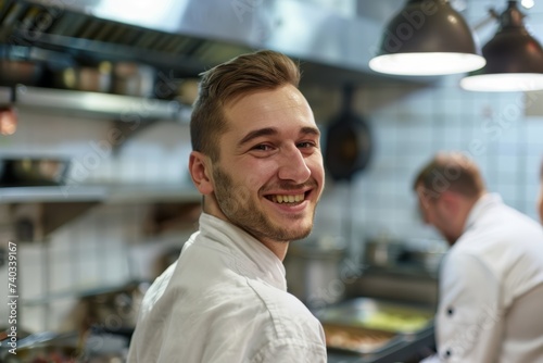 Fototapeta Naklejka Na Ścianę i Meble -  Profikoch in Küchen szenerie, Küche Restaurant Lächeln Gastronomie Kochkunst Chefkoch Culinary Expert Küchenbrigade Teamwork Professionalität Gastgewerbe Leidenschaft Gourmet Kulinarisch