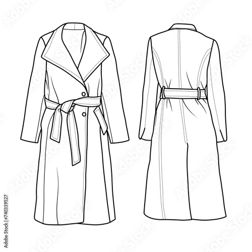 Technical sketch drawing Illustration of Woollen Coat With Belt jacket line art, suitable for your custom women jacket design, outline vector doodle illustration, front and rear view isolated on white