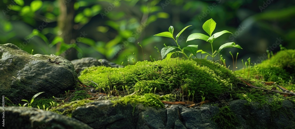 Moss sprouts amongst stones on the ground covered with grass, surrounded by lush greenery.