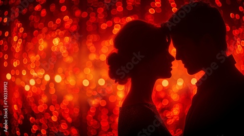 Silhouetted Couple Against a Sparkling Red Bokeh Background