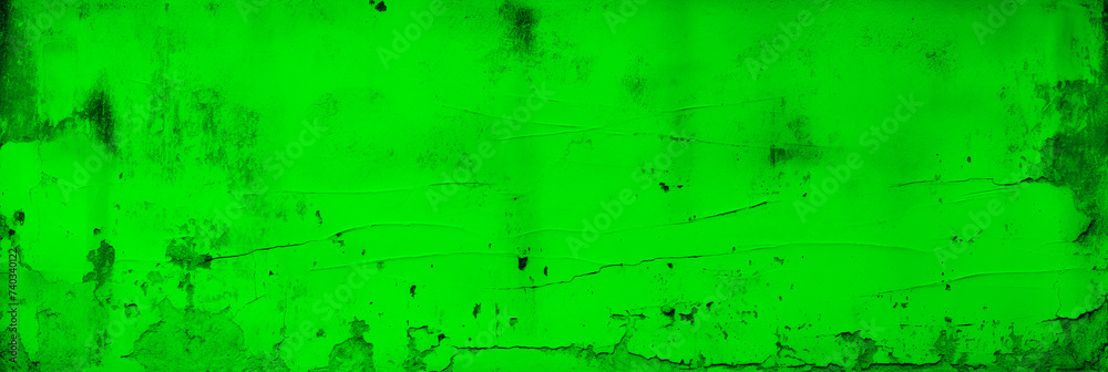 Fototapeta premium Neon cement concrete grunge textured floor background. Light green wall with cracks. Old vintage wide backdrop for design banner