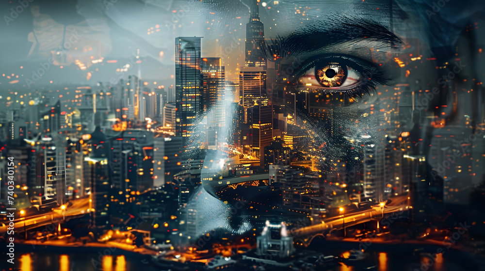 A person's face is superimposed on a cityscape. The cityscape is of a bustling metropolis. The person's face is in the foreground and the cityscape is in the background.
