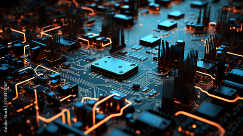 Microchip, microprocessor on printed circuit board representative of high-tech industry and computer science.Electronic printed circuit board close-up.