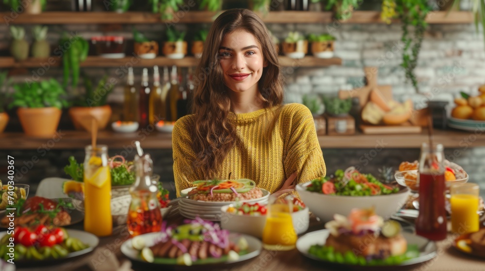 A woman sits at a table filled with various healthy dishes and drinks, smiling in a vibrant, well-decorated kitchen.
A woman sits at a table filled with various healthy dishes and drinks, smiling in a vibrant, well-decorated kitchen.