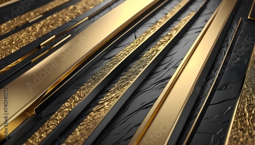 Black and gold metal 3D modern luxury futuristic background. Abstract close-up of luxurious black and gold textured elements, perfect for high-end fashion and design.