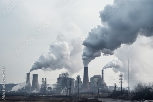An industrial complex with towering smokestacks discharges thick smoke  contributing to air pollution. Industrial Complex Spewing Smoke and Pollution