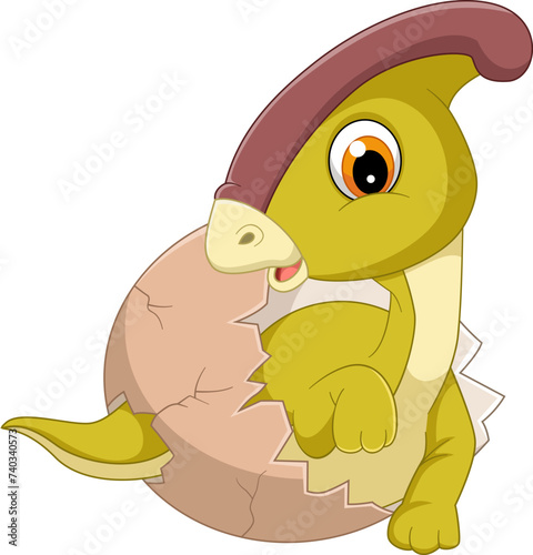 Cartoon baby parasaurolophus hatching from egg