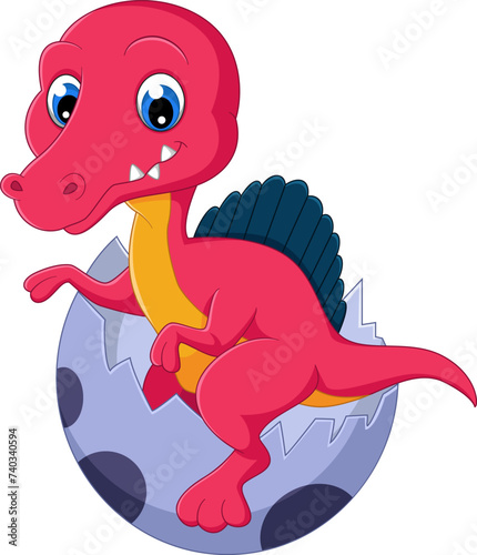 Cartoon baby spinosaurus hatching from egg