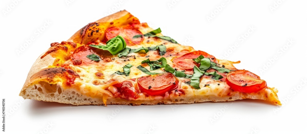 Enjoy a delicious slice of Californiastyle pizza topped with pepperoni and basil, garnished with ParmigianoReggiano, on a white background
