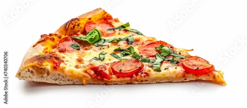 Enjoy a delicious slice of Californiastyle pizza topped with pepperoni and basil, garnished with ParmigianoReggiano, on a white background photo