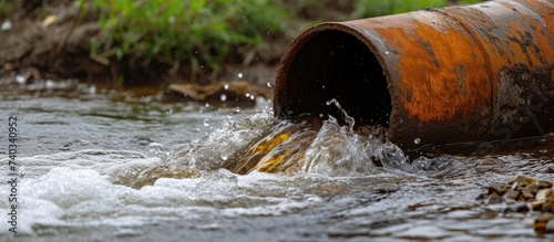 After a downpour, an outdoor rusty pipe forcefully releases a strong water flow for water disposal and public services.