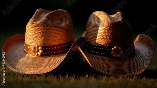 Golden Hour Straw Cowboy Hats on Grass photo