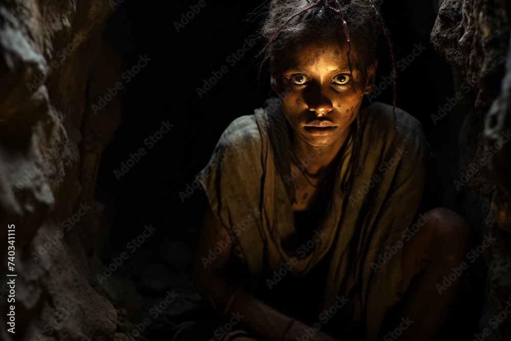 Portrait d'une jeune fille dans une grotte sombre » IA générative Portrait d'une jeune fille dans une grotte sombre » IA générative