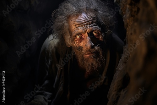 Portrait d'un vieil ermite dans l'obscurité de sa grotte » IA générative