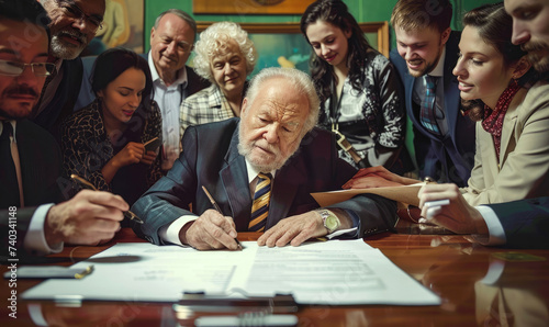 An old man with smart suit is signing papers surround by happy people