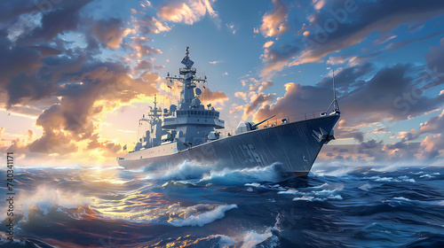 a large military ship in the middle of the ocean with a sky background